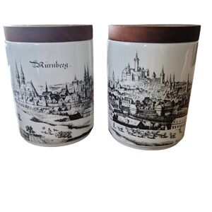 Vintage Royal Porzellan Bavaria Western Germany Black White Canister Wood Top